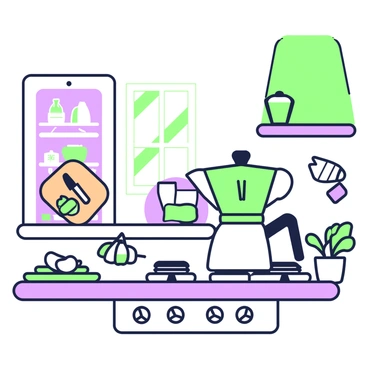 A vibrant kitchen scene with a Bialetti moka pot prominently displayed on the stove