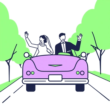 A newlywed couple is waving goodbye from the back of a vintage car. The car has a classic design with rounded edges and chrome details. The couple is seated in the backseat, with the bride wearing a flowing white wedding dress and a delicate veil, while the groom is dressed in a tailored suit with a tie. They are both smiling and waving enthusiastically with their right hands. The car is parked on a road, and behind it, there are lush green trees lining the street, creating a picturesque setting.