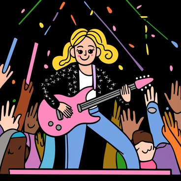 A Barbie doll with blonde hair styled in loose waves is playing a bright pink electric guitar on stage. She is wearing a sparkly black leather jacket, a white tank top, and skinny jeans. The background is filled with enthusiastic fans with diverse appearances, some holding up their hands and others waving colorful glow sticks. The lighting is vibrant with beams of colorful lights shining down on the stage, creating an energetic atmosphere.