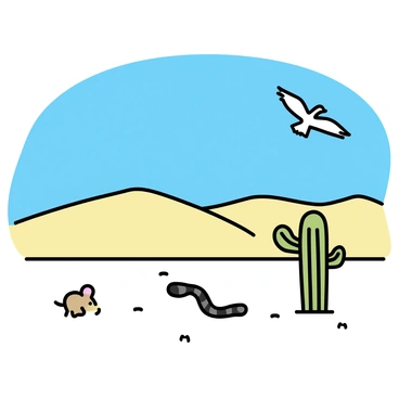 A vast desert landscape with sandy dunes stretching under a clear blue sky. In the foreground, a small "cactus mouse" with light brown fur is peeking out from behind a "saguaro cactus," its tiny ears alert. A "snake," displaying a patterned green and brown body, is coiled nearby, ready to strike. Above, a "hawk" with outstretched wings is soaring, scanning the ground below for its next meal. The scene captures the tension of the chase amidst the arid environment.