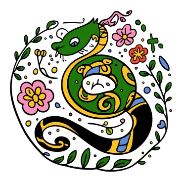 A large serpent, representing "Jormungandr," is coiled in a dynamic pose. The serpent's scales are adorned with vibrant colors and intricate patterns, showcasing a mix of swirling shapes and geometric designs. The head of "Jormungandr" is prominent, with piercing eyes and a slight open mouth revealing sharp fangs. The background is filled with decorative elements like flowers and leaves, enhancing the folk art theme. The overall composition has a lively and rich aesthetic, with a harmonious blend of colors throughout.