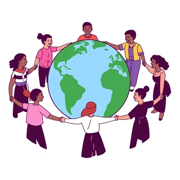 A group of diverse individuals representing various countries is holding hands, forming a circle around a large globe. Each person is dressed in traditional attire that reflects their culture. The globe in the center displays detailed continents and oceans, emphasizing unity among nations. Faces of the individuals show expressions of joy and togetherness. The setting is bright and inviting, enhancing the theme of global harmony.