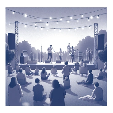 An outdoor concert scene filled with a diverse crowd of people gathered together. Some individuals are standing while others are seated on picnic blankets or folding chairs, all engaged in the performance taking place on a stage. The stage is equipped with large speakers and musical instruments. Above the audience, there are strings of lights twinkling overhead, creating a warm atmosphere. The sky is a dusky gradient, transitioning from dark to lighter shades as the sun sets. Some trees can be seen in the background, framing the event.