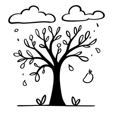 A mango tree with a thick trunk and sprawling branches is depicted swaying in strong winds during a storm. Leaves are shown being ripped from the branches and spiraling downwards. Several ripe mangoes are falling from the tree, some landing on the ground while others are caught mid-air. Dark clouds gather above, emphasizing the intensity of the storm. The ground is littered with fallen leaves and mangoes, capturing the aftermath of the chaotic scene.