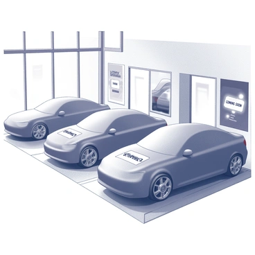 An indoor car showroom featuring several new car models that are covered with fabric sheets. Each covered car has a visible "Coming Soon" sign displayed prominently on it. The showroom has bright lighting illuminating the space, with large glass windows allowing natural light to pour in. The floor is polished and reflects the outlines of the covered cars, creating an inviting atmosphere for potential customers. The walls are decorated with automotive-themed artwork and banners promoting upcoming vehicle releases.