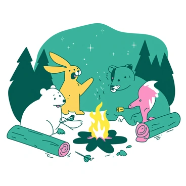 A group of teal cartoon animals is gathered around a glowing white campfire. In the center, a cheerful yellow rabbit is animatedly gesturing with its paws, while a curious teal fox leans in to listen intently. To the left, a round white bear is sitting comfortably on a log, munching on a yellow marshmallow on a stick. On the right, a playful pink raccoon is playfully tossing small twigs into the flames. The night sky above is dotted with stars, adding to the lively atmosphere of the scene.