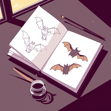 A white Victorian sketchbook lies open on a dark wooden surface. Each page of the sketchbook is filled with intricate illustrations of bats in various poses. The bats are depicted with detailed features, showcasing their wings spread wide, hanging upside down, and in flight. Surrounding the sketchbook, there are delicate charcoal pencils and a small jar of ink with a brush resting next to it. The warm light from a nearby window casts soft shadows across the pages, highlighting the fine lines and textures of the drawings.