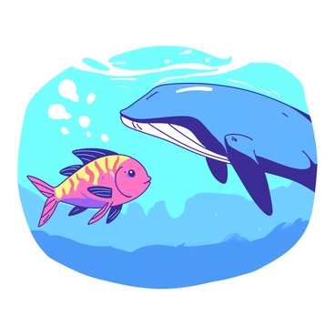 A colorful rainbow fish with vibrant scales is swimming towards a large, gentle blue whale. The fish is displaying its bright colors, catching the light as it moves through the water. The whale glides gracefully, its massive body contrasting against the smaller fish. Bubbles are rising from the fish as it approaches the whale, which has a calm expression. The serene underwater scene is filled with soft waves and shimmering light filtering down from the surface.