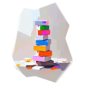 A tall tower constructed from colorful blocks, each block labeled with a different governmental power such as "Legislative," "Judicial," "Executive," and others. The tower is positioned on a textured surface that suggests instability, with some blocks slightly askew. The blocks are stacked in a haphazard manner, creating a sense of precarious balance. The overall composition emphasizes the fragile nature of the tower, with a few blocks on the verge of falling, while others remain firmly in place. The background is simple to keep the focus on the tower itself.