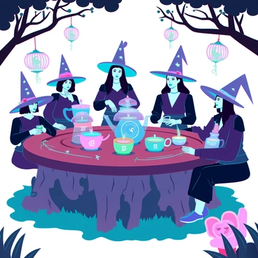 A whimsical tea party set in a lush, enchanted forest clearing. Several witches of various ages and appearances are gathered around a large, intricately carved wooden table laden with vibrant, enchanted teapots. Each teapot has glowing runes etched into its surface, and they are pouring colorful brews into delicate porcelain cups. The witches wear flowing robes adorned with stars and moons, and their hats are tall and pointed, decorated with ribbons and feathers. Around the table, floating lanterns illuminate the scene with a warm glow, while whimsical creatures peek out from the foliage, adding to the magical atmosphere.