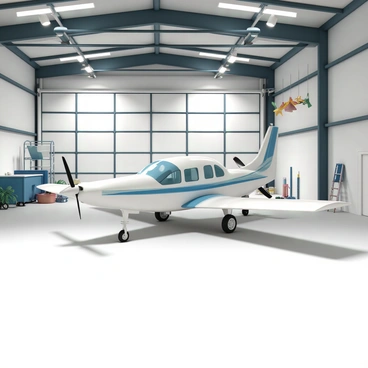 A small airplane with a sleek, glossy white exterior and vibrant blue stripes is parked inside a spacious hangar garage. The hangar features high ceilings with steel beams and large, open doors. Bright overhead lights illuminate the area, casting reflections on the airplane's surface. The hangar floor is polished concrete, and various tools and equipment are neatly organized nearby. In the background, there are a few hanging aircraft parts and a ladder, suggesting ongoing maintenance work.