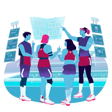 A diverse team of athletes in matching futuristic uniforms stands in a huddle on a bright, high-tech sports field. They are engaged in an animated discussion, with one player, a tall individual with short, spiky hair, diagramming intricate plays in the air using a holographic display. The other team members, featuring various skin tones and hairstyles, are leaning in closely, listening intently and pointing at the display. The field is surrounded by large digital screens showcasing statistics and graphics, enhancing the dynamic atmosphere. The sky above is clear and bright, reflecting the energy of the moment.