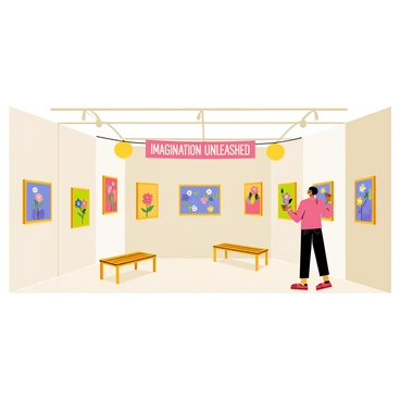 An exhibit showcasing a variety of colorful artworks created by children. The walls are adorned with vibrant paintings featuring bright flowers, playful animals, and abstract shapes. Each piece is framed in simple wooden frames, emphasizing the creativity within. In front of the artworks, small wooden benches provide seating for visitors to admire the art. Banners hang from the ceiling, showcasing the title "Imagination Unleashed" in bold, cheerful letters. The floor is covered in a soft, light-colored carpet, creating a welcoming environment for families and friends to explore the art.