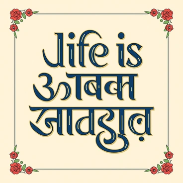A beautifully crafted piece of calligraphy art displaying the famous Bengali phrase "জীবন একটি সংগ্রাম" ("Life is a struggle"). The calligraphy is executed in intricate, flowing scripts with elegant flourishes and swirls. The letters are bold and filled with vibrant colors, primarily in shades of deep blue and gold. The background is a soft, light cream color, allowing the calligraphic text to stand out prominently. Decorative elements, such as delicate floral patterns, frame the edges of the artwork, enhancing its overall aesthetic appeal.