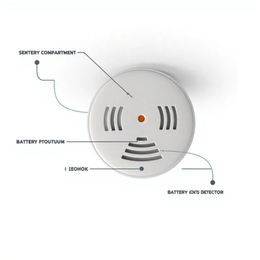A smoke detector with a white circular body that features a visible grill pattern on the front. It has a prominent red LED indicator light at the center. The device is mounted on a light gray ceiling. Labels in clear, bold font are pointing to various components of the smoke detector. These components include a "sensor" located on the side of the device, a "battery compartment" at the back, and a "test button" on the front. Each label is accompanied by a directional line connecting it to the respective part of the smoke detector.