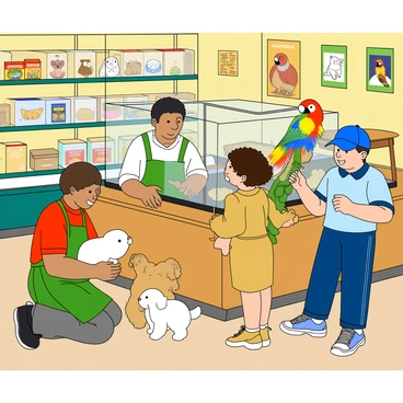 A family of four is working together in a vibrant pet shop filled with a variety of animals. The father, wearing a green apron, is kneeling beside a glass enclosure, gently holding a fluffy white rabbit. The mother is standing nearby, helping a young girl with curly hair, who is excitedly petting a small golden puppy. The older brother, wearing a bright blue cap, is showing a customer a colorful parrot perched on his hand. The shop is decorated with bright posters of different pets, and shelves are stocked with pet food and toys. A cheerful atmosphere is created by the colorful animals and lively interactions between the family and the customers.
