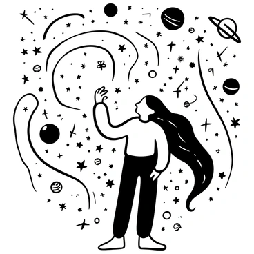 A black-and-white illustration of a figure with long, flowing hair. The figure gazes upwards, surrounded by a swirling pattern of stars and planets. Intricate lines and shapes radiate from the figure, creating a dynamic sense of movement. The background features a variety of celestial objects like comets and moons, adding depth to the scene.
