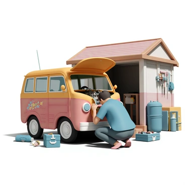 A mechanic, wearing a blue work shirt and dark jeans, is crouched next to the open hood of a colorful jeepney. The jeepney has vibrant yellow and red paint with intricate designs on the sides. The mechanic is focused, using a wrench to tighten a bolt on the engine, which is partially exposed and showing various mechanical components. Tools are scattered around on the ground, including a toolbox and a few other tools, while a small roadside garage is visible in the background, complete with a wooden workbench and hanging tools. Bright sunlight casts shadows that highlight the details of the scene.