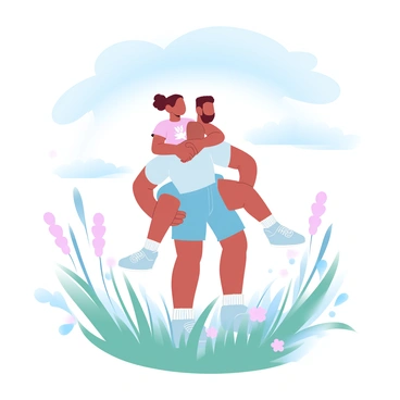 An older sibling is giving a piggyback ride to a younger sibling, both smiling and enjoying the moment. The older sibling is wearing a light-colored shirt and shorts, while the younger sibling is dressed in a bright t-shirt and denim shorts. They are surrounded by a vast field filled with tall grass swaying gently in the breeze. Wildflowers in various colors dot the landscape, adding vibrancy to the scene. A blue sky stretches overhead, with soft white clouds scattered throughout.