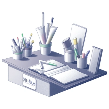 A booth displays an array of art supplies. There are several containers filled with tubes of paint neatly arranged, showcasing various sizes and types. Markers in a variety of colors stand upright in holders, their caps arranged on the table. On the surface, there are multiple sketchbooks stacked, some open to reveal blank pages, inviting creativity. The booth has a polished wooden finish and a simple sign that reads "Art Supplies" in clear text.