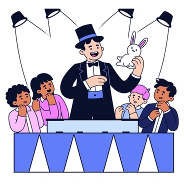 A magician wearing a black tuxedo and a top hat is in the center of the stage. He is pulling a white rabbit out of a black silk hat, with the rabbit's ears perked up. The magician has a wide smile on his face, showcasing excitement. Surrounding him is an audience of cartoon characters, some with raised eyebrows and others with hands covering their mouths in astonishment. The stage has bright lights shining down, illuminating the scene.