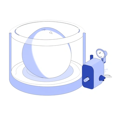 An egg is resting inside a vacuum chamber. The chamber is transparent, allowing a clear view of the egg. As air is being removed, the surface of the egg is beginning to expand visibly. Small cracks are forming on the shell, and the egg's shape appears slightly distorted due to the change in pressure. The vacuum pump is positioned beside the chamber, with tubes connected to the chamber. A pressure gauge is visible, indicating the decreasing pressure inside the chamber.