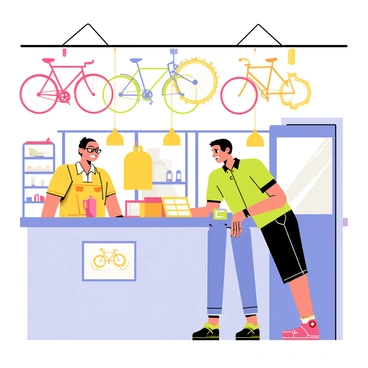 A bicycle shop with bright, colorful bicycles displayed on the walls and hanging from the ceiling. Behind the counter, a middle-aged shop owner with glasses and a friendly smile is chatting with a regular customer. The customer is a young adult wearing a casual outfit, leaning against the counter with a relaxed posture. The counter is cluttered with bicycle accessories, tools, and a small cash register. A few bicycle-themed posters are on the wall, and a window shows a sunny day outside.