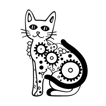 A tattoo design featuring a cat with intricate details, where its fur is decorated with gears and cogs. The cat's body is elegantly posed, showcasing the mechanical elements intertwined in its form. Various sizes of gears are visible on its back and around its limbs, while smaller cogs are scattered throughout the design. The entire composition forms a cohesive and visually interesting image, emphasizing the steampunk theme.
