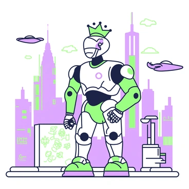 A futuristic robot is standing in a high-tech city. The robot has a sleek metallic body with intricate details and a shiny surface. It is wearing a metallic crown that sits perfectly on its head, adding to its regal appearance. The city is filled with tall skyscrapers that have glowing lights and advanced architectural designs. In the background, flying vehicles can be seen moving through the sky. The ground is made of smooth pavement, and holographic advertisements are displayed nearby.