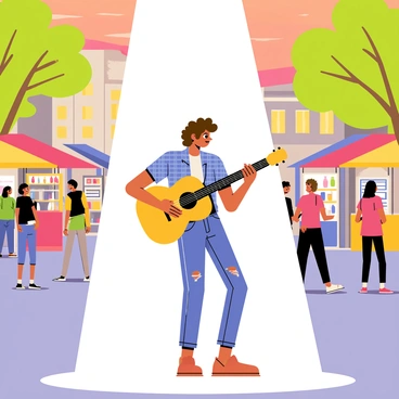 A street musician with curly brown hair is playing an acoustic guitar under a bright white spotlight. The musician is wearing a blue plaid shirt and faded jeans. Around him, a bustling city square is alive with activity, featuring people walking by, some stopping to listen. Colorful market stalls line the sides of the square, displaying various goods. There are trees with green leaves in the background, and the sky is a gradient of orange and pink, indicating sunset. The musician is focused on his performance, creating a lively atmosphere in the heart of the city.