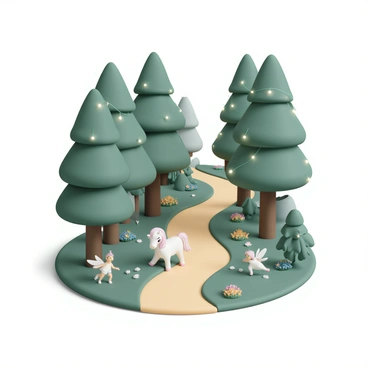 A winding forest path, lined with tall, lush green trees. The path is slightly illuminated by small "fairy lights" hanging from the branches, casting a warm, gentle glow. Various "magical creatures," such as a small unicorn with a shimmering mane and tiny fairies with delicate wings, are playfully interacting along the sides of the path. The ground is covered with soft moss and colorful wildflowers, creating a vibrant scene filled with life and enchantment.