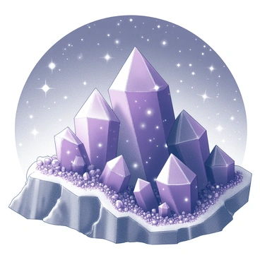 A mountain peak shaped entirely from massive amethyst crystals. The crystals are intricately formed, reflecting and refracting light in various angles, creating a dazzling display. The surface of the mountain is rugged and textured, showcasing the natural facets of the gems. Above the peak, a starry night sky is filled with countless white stars, twinkling brightly against the dark backdrop. A gentle breeze stirs the atmosphere, adding a sense of movement to the scene.