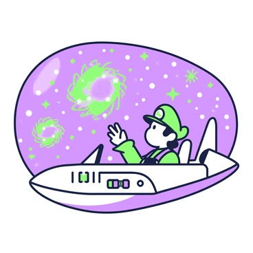 A character resembling "Luigi" with a green cap and overalls is seated in the pilot's seat of a sleek spaceship. He is looking out of a large, curved window that showcases numerous distant galaxies. The galaxies are depicted with swirling patterns and bright clusters of stars. Inside the cockpit, various control panels with buttons and screens are visible. The character's expression is focused and curious as he observes the vastness of space filled with celestial bodies.