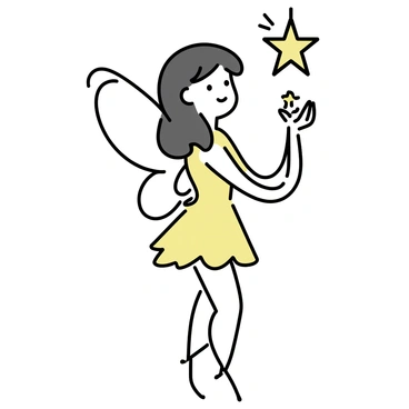 A fairy with delicate wings is standing gracefully, holding a glowing star in her hands. The light from the star is illuminating her face, highlighting her features. She has long hair cascading down her shoulders, and she is wearing a flowing dress that appears to be made of leaves and flower petals. The background is simple, enhancing the focus on the fairy and the star she holds.