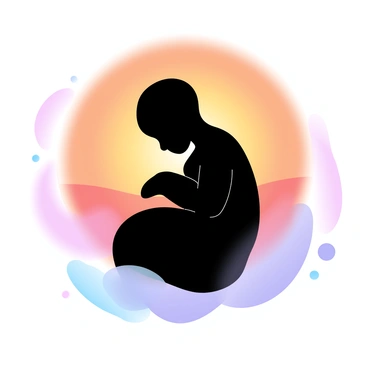 A silhouette of a fetus curled up in a womb is positioned centrally within the image. The outline of the fetus is clearly defined, showing the arched back and bent limbs. Surrounding the silhouette, the backdrop features a vibrant sunset with gradient pastel colors transitioning from deep oranges to soft pinks and gentle purples. The colors blend smoothly, creating a warm and luminous atmosphere that highlights the silhouette in the foreground.