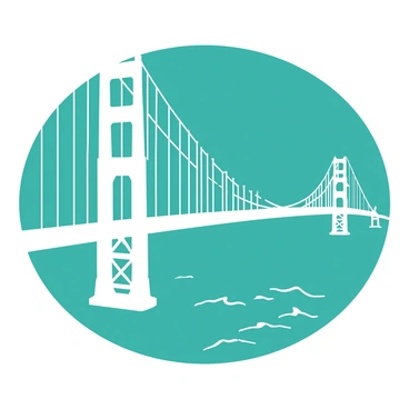 A white minimalist line drawing of the "Golden Gate Bridge" is displayed prominently against a teal background. The lines capturing the bridge's iconic towers and suspension cables are clean and simple, emphasizing the elegant arch of the bridge. Below the bridge, the water is represented with gentle waves, drawn with subtle lines that complement the overall minimalist style. The drawing focuses solely on the structural beauty of the bridge without any additional elements.