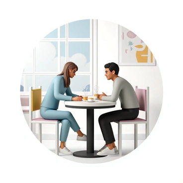 Two friends are seated at a small round table in a modern cafe. One friend, a woman with long brown hair, is wearing a light blue sweater and denim jeans. The other friend, a man with short black hair, is dressed in a gray shirt and black pants. They are both leaning slightly forward, engaged in a lively conversation. Each of them has a steaming cup of coffee in front of them on the table. The cafe has large windows letting in bright natural light, and contemporary artwork hangs on the walls, enhancing the vibrant atmosphere.