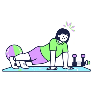 A child is seen attempting push-ups on a gym mat. The mat has a vibrant design and is laid on a smooth surface. The child, dressed in a bright t-shirt and shorts, is in a push-up position with their arms extended and their toes on the ground. They have a focused expression, with sweat on their forehead, indicating effort. In the background, there are various exercise equipment items, such as a colorful exercise ball and a set of weights.