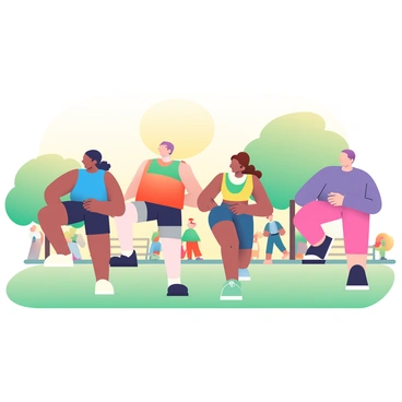 A group of five individuals is performing lunges in a sunny public park. Each person has a different skin tone and hair color. They are dressed in colorful athletic wear; one person is in a bright blue tank top and black shorts, another in a red T-shirt and gray leggings, a third in a green sports bra and navy shorts, the fourth in a yellow top and white capris, and the last in a purple long-sleeve shirt and pink leggings. The sun casts warm light over the grassy area, and there are trees in the background providing a natural setting. A few park benches and people strolling by are visible in the distance, adding to the lively atmosphere.