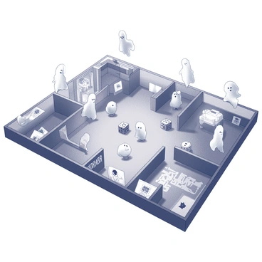 A board game displayed on a table, featuring a detailed game board that represents a haunted house. The board includes intricate illustrations of eerie corridors and rooms, such as a dimly lit library, a shadowy dining hall, and a decrepit attic. Ghostly game pieces are scattered across the board, each designed with unique, spectral characteristics. The game also includes dice and cards, with illustrations related to supernatural themes. The overall scene is compelling, invoking curiosity about the gameplay and its ghostly setting.