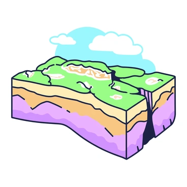 An illustration of a geological cross-section showcasing various rock strata formed over time due to slab pull. The layers of sedimentary rocks are stacked horizontally, displaying distinct colors and textures. Each layer has a different thickness, indicating the age and deposition rate of sediments. Jagged edges and faults are visible, showing the effects of tectonic activity. Fossils can be seen embedded in some layers, providing evidence of ancient life. Above these strata, a clear blue sky is visible, enhancing the geological details below.