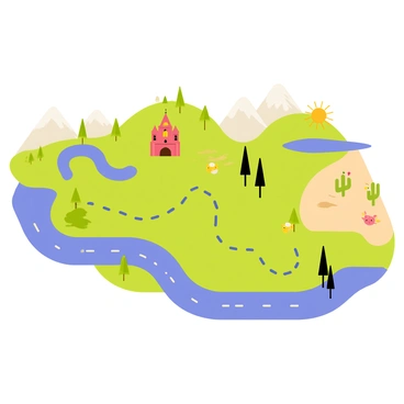 A colorful map showcasing a journey through various landscapes. The map features a winding blue river, lush green forests, and rolling hills with patches of yellow flowers. There are mountains with snow-capped peaks in the background, and a sandy desert with cacti in one corner. Small icons represent different landmarks, such as a red castle, a blue lake, and a yellow sun. Footprints trace the path of the journey across the map, connecting each unique landscape.