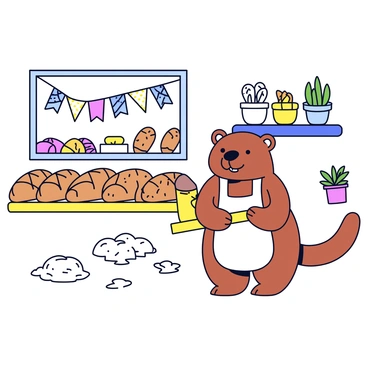 A wombat wearing a small white apron stands on its hind legs in a quaint little bakery. The bakery features a rustic wooden counter and shelves filled with various baked goods. The wombat is holding a rolling pin and is surrounded by flour scattered on the counter. A variety of loaves of bread are lined up neatly on the counter, and a window displays cheerful decorations with potted plants outside. The interior has warm lighting, casting a cozy atmosphere.