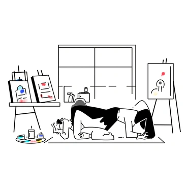 A painter doing push-ups on a wooden floor in an art studio. The painter is wearing a loose-fitting shirt and paint-splattered overalls. In each hand, they hold a paintbrush, poised as they push their body up. Various canvases are propped against the walls, displaying colorful artwork. A palette filled with paint lies nearby, and a few paint tubes are scattered across a table. Natural light streams through a large window, illuminating the scene.