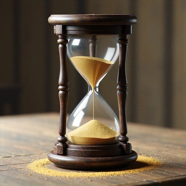 An old hourglass made of dark wood with intricate carvings on its frame. The glass is slightly cloudy due to dust, but still shows the golden sand slipping through the narrow middle section. The sand is cascading softly into the bottom chamber, creating a gentle mound. The hourglass is positioned on a rustic wooden table, surrounded by faintly scattered grains of sand that have spilled over. The atmosphere conveys a sense of nostalgia, emphasizing the theme of the passage of time.