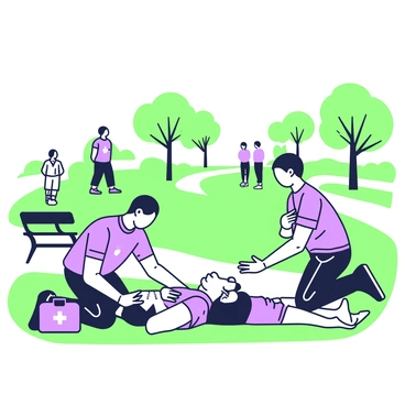 A scene in a park where paramedics are attending to a patient. Two paramedics are kneeling beside a man who is lying on the grass. The man is clutching his chest and appears to be in distress. One paramedic is checking the man's pulse while the other is preparing medical equipment, including a defibrillator and an oxygen mask. In the background, there are trees and a walking path, with a few people observing the situation from a distance. A first aid kit is placed nearby, and a park bench is visible to the side.