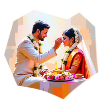 A groom, dressed in a traditional wedding outfit with intricate embroidery, is applying "sindoor" on the forehead of his bride. The bride, wearing a beautifully adorned red and gold saree with intricate patterns, smiles gently, her eyes sparkling with joy. Their hands are close together, highlighting the tender moment. Floral decorations adorn their surroundings, adding to the celebratory atmosphere. The soft light enhances the warmth of the scene, capturing the essence of their love.
