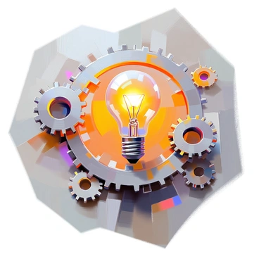 A series of interlocking metallic gears in varying sizes, with intricate details that highlight their mechanical complexity. These gears form a circular arrangement that surrounds a brightly glowing lightbulb at the center. The lightbulb emits a warm, radiant light, casting gentle reflections on the surfaces of the gears. The entire composition gives the impression of movement and dynamism, with the gears appearing to turn as they encircle the lightbulb. The background is a neutral tone that allows the luminous glow of the lightbulb to stand out.