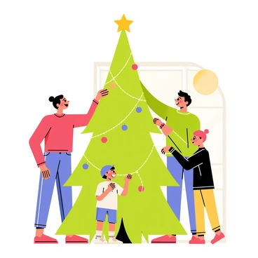A family of four is gathered around a large, green Christmas tree decorated with colorful ornaments and shiny garlands. The mother, wearing a red sweater, places a golden star on top of the tree. The father, in a cozy green sweater, is holding a string of shimmering lights, while the children, a boy and a girl, are hanging red and blue ornaments on the branches. The room is filled with holiday decorations, and a warm light glows from nearby. The faces of the family members are bright with smiles and laughter as they share this joyful moment together.