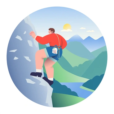 A determined climber with short brown hair and wearing a bright red climbing jacket is scaling a steep mountain cliff. The climber is using both hands to grip a rocky outcrop, and their legs are positioned in a steady stance against the rugged surface. In the background, a panoramic view reveals vast green valleys and distant mountain ranges under a clear blue sky. The sun is shining brightly, casting shadows on the cliff face, and the climber’s chalk bag is visible hanging from their harness.